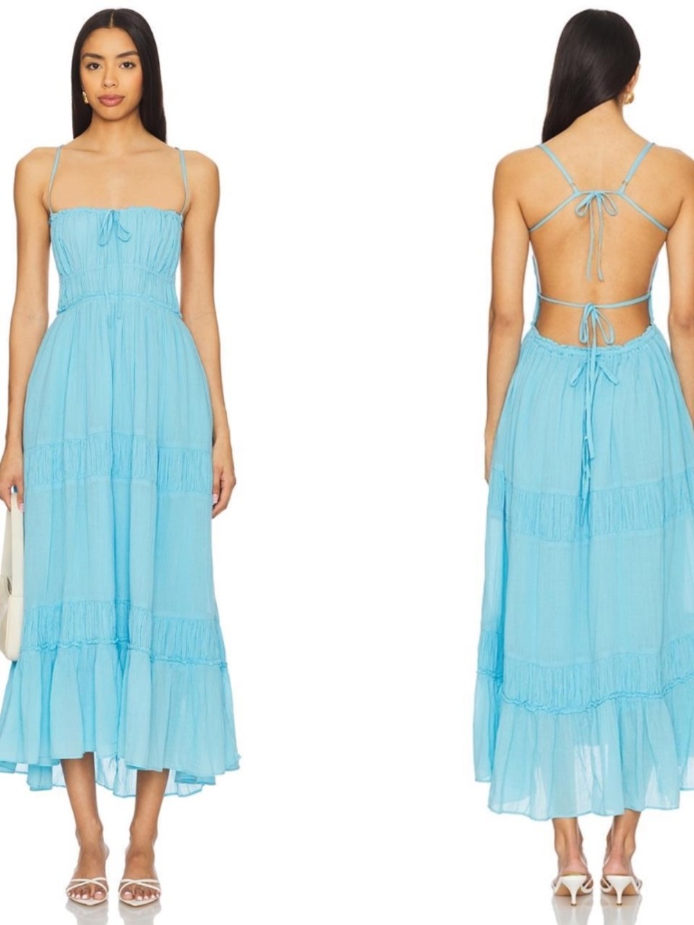 NEW FREE PEOPLE Turquoise AQUA Taking Sides TIERED Cotton OPEN BACK Maxi DRESS L - Picture 4 of 16